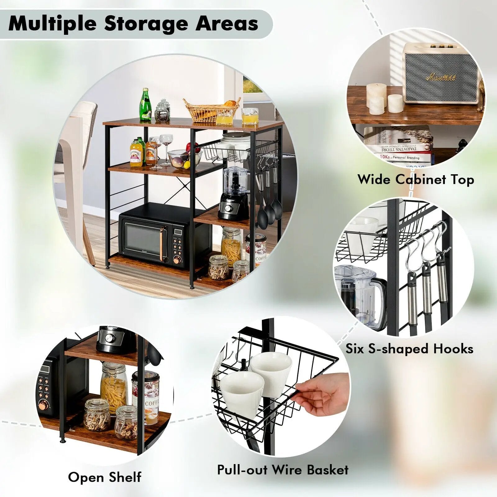 Industrial Kitchen Baker's Rack Microwave Shelf with 6 Hooks by DirectDeals