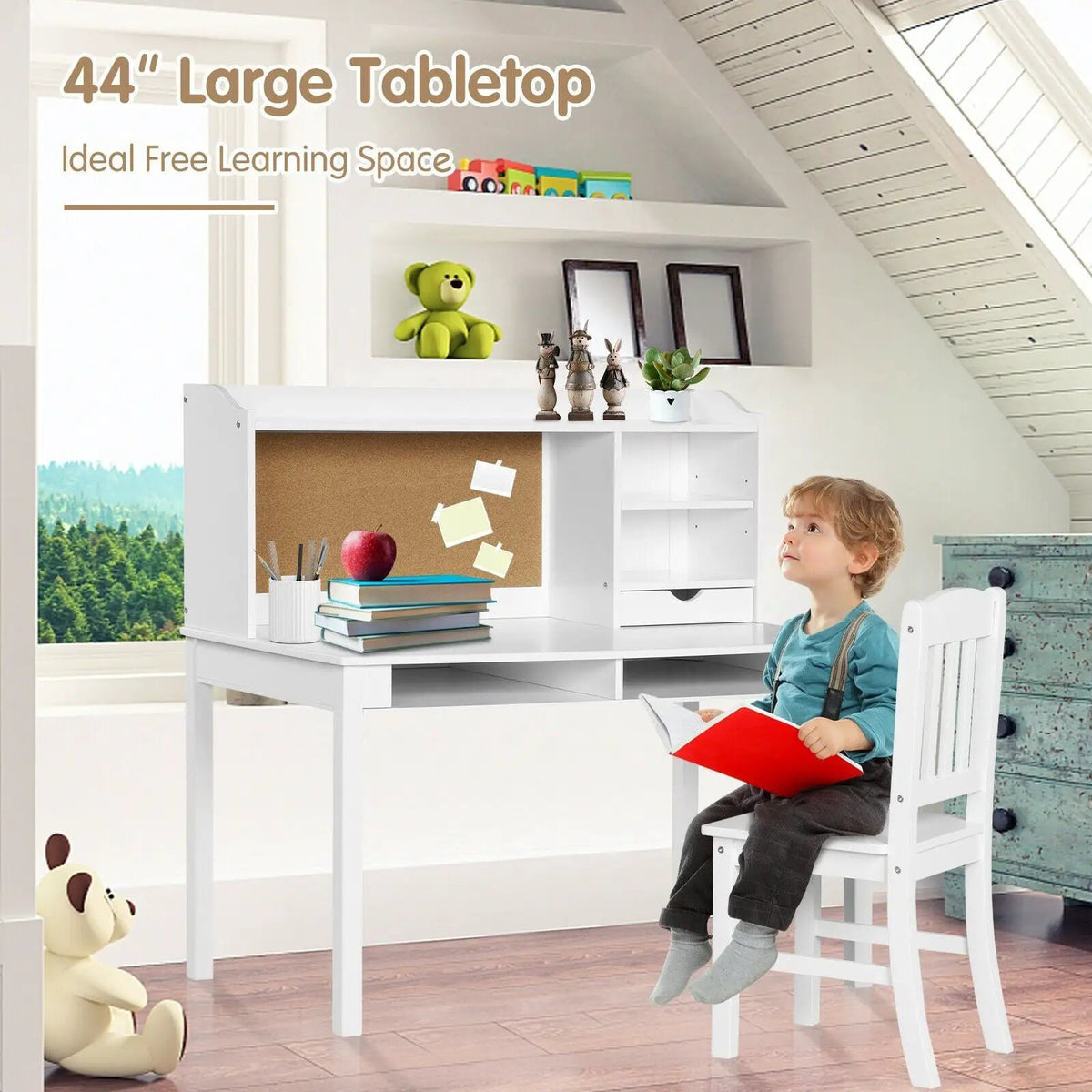 Kids Desk and Chair Set Study Writing Desk with Hutch and Bookshelves, photo 5 of 10