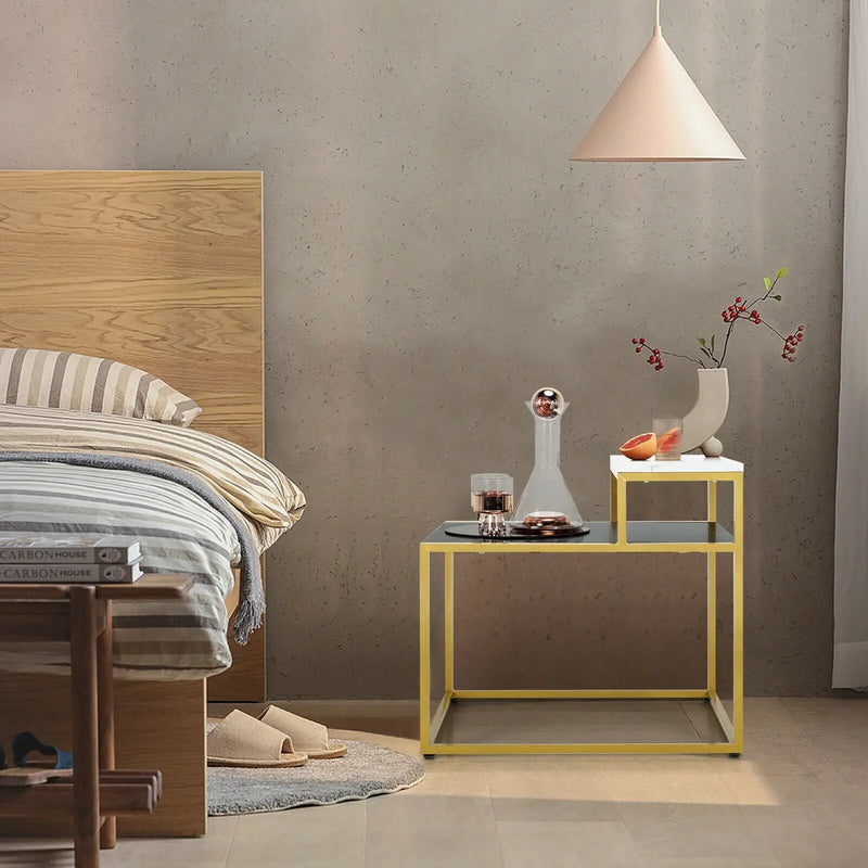 2 Tier End Side Table with Metal Frame and Storage Shelf for Living Room-White by DirectDeals