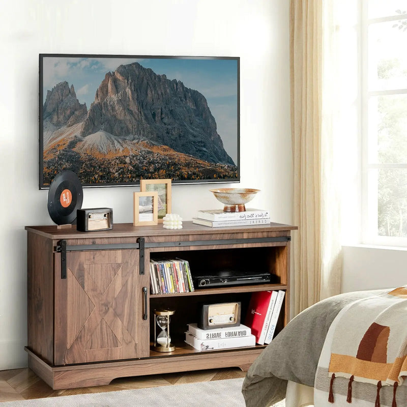 Sliding Barn Door TV Stand with Adjustable Shelf Cabinet-Dark Walnut by DirectDeals