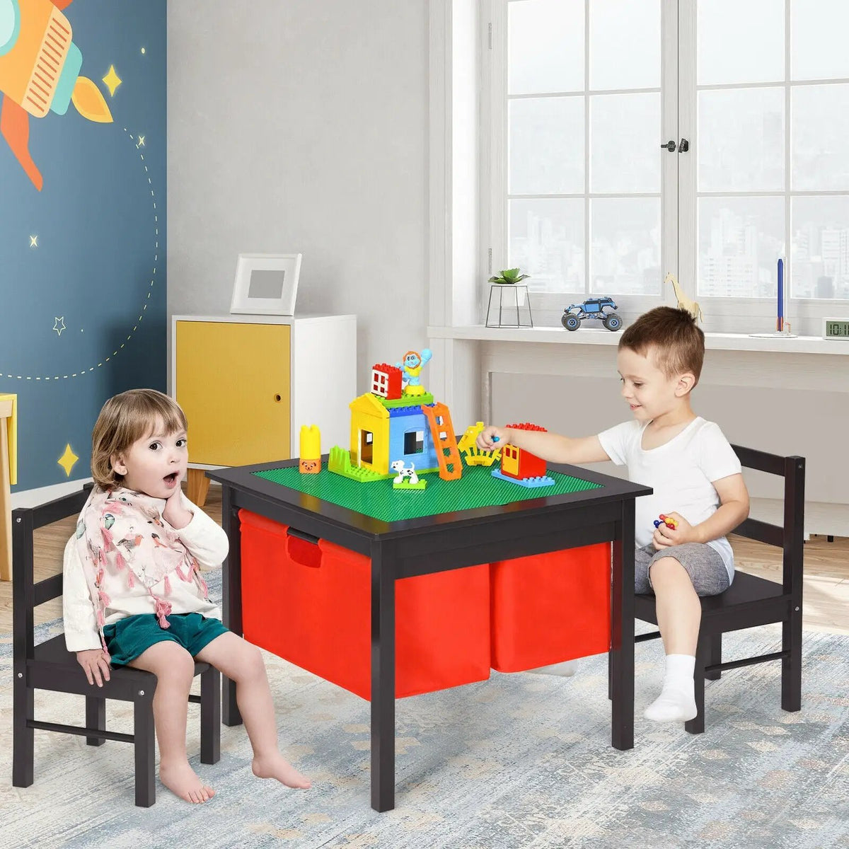 2-in-1 Kids Activity Table and 2 Chairs Set with Storage Building Block Table, photo 13 of 16