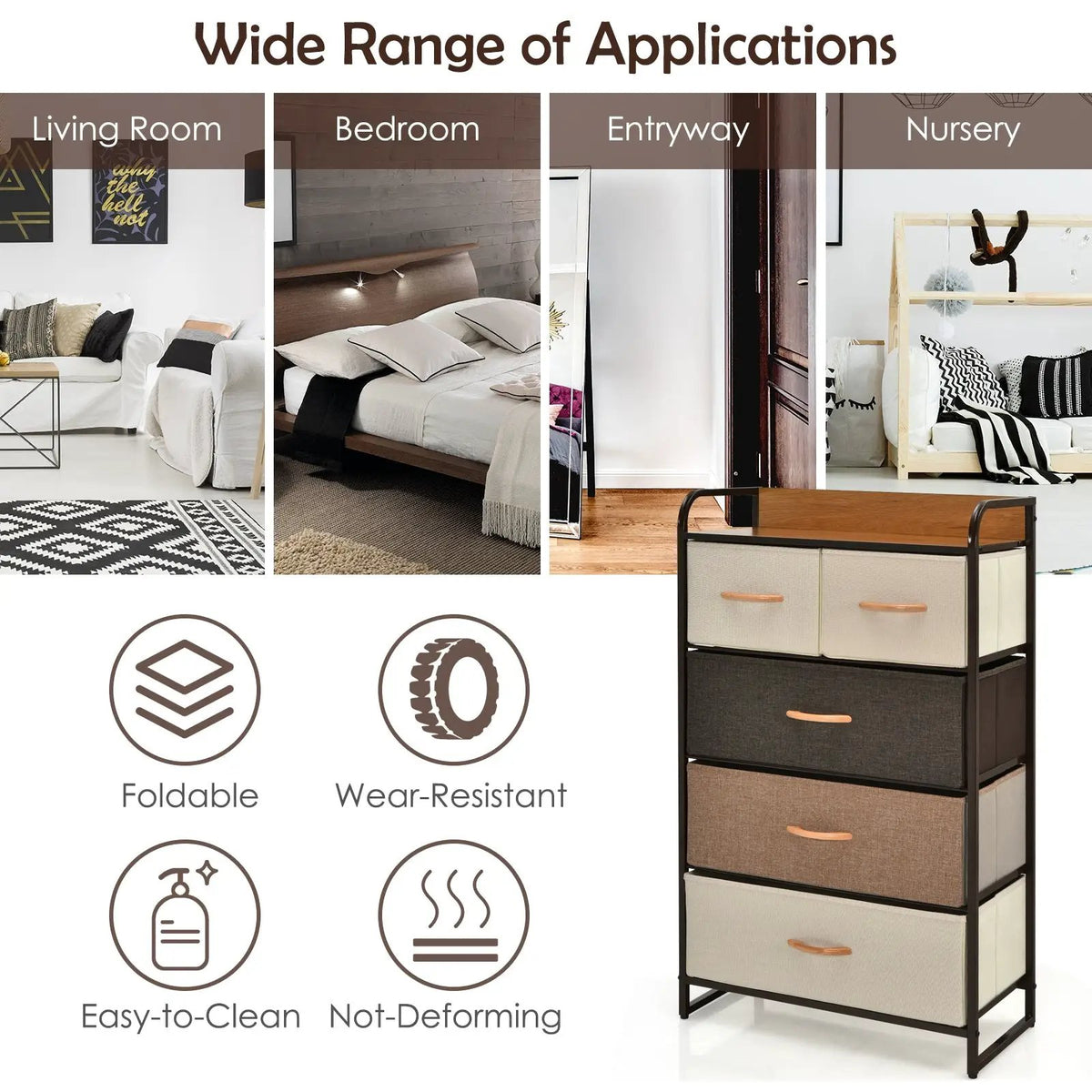 4-Tier Organizer Tower Steel Frame Wooden Top Storage with 5-Drawer Dresser, photo 7 of 9
