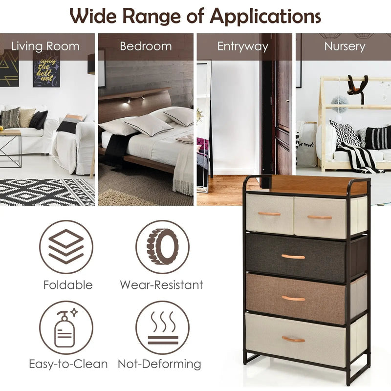 4-Tier Organizer Tower Steel Frame Wooden Top Storage with 5-Drawer Dresser by DirectDeals