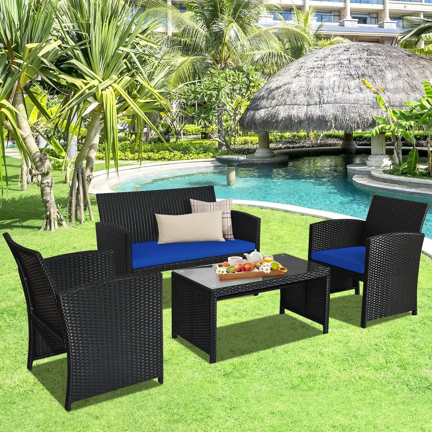 4 Pieces Rattan Patio Furniture Set with Weather Resistant Cushions and Tempered Glass Tabletop by DirectDeals