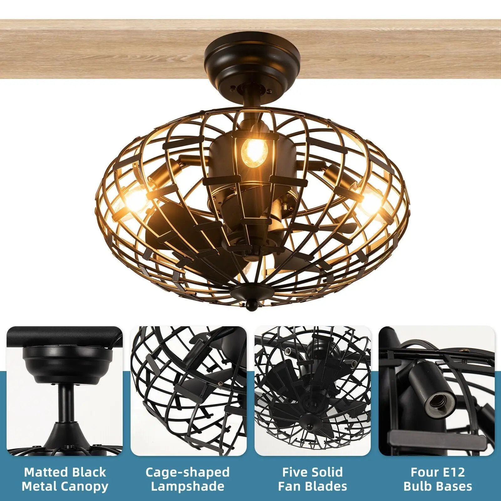 5 Blades Enclosed Ceiling Fan with Light and Remote Control-Black by DirectDeals