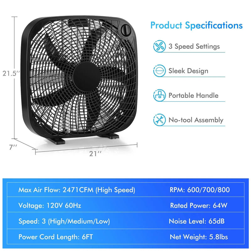 20 Inch Box Portable Floor Fan with 3 Speed Settings and Knob Control-Black by DirectDeals