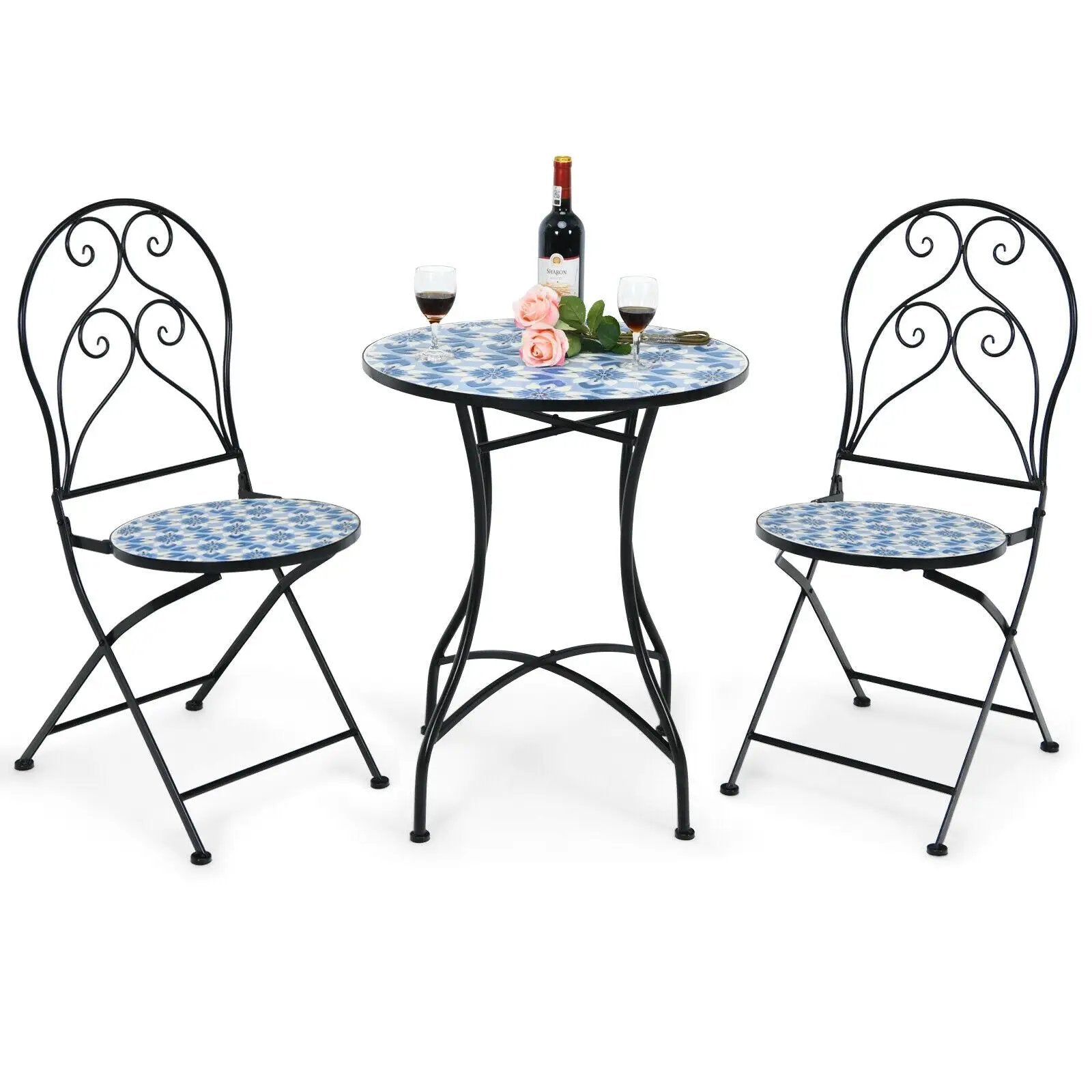 2 Pieces Patio Folding Mosaic Bistro Chairs with Blue Floral Pattern by DirectDeals