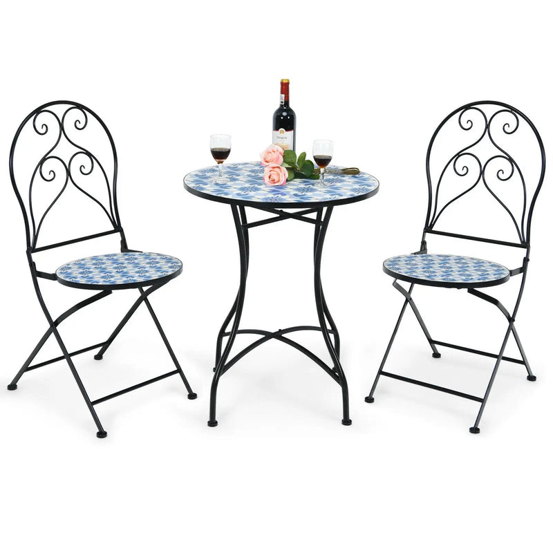 2 Pieces Patio Folding Mosaic Bistro Chairs with Blue Floral Pattern by DirectDeals
