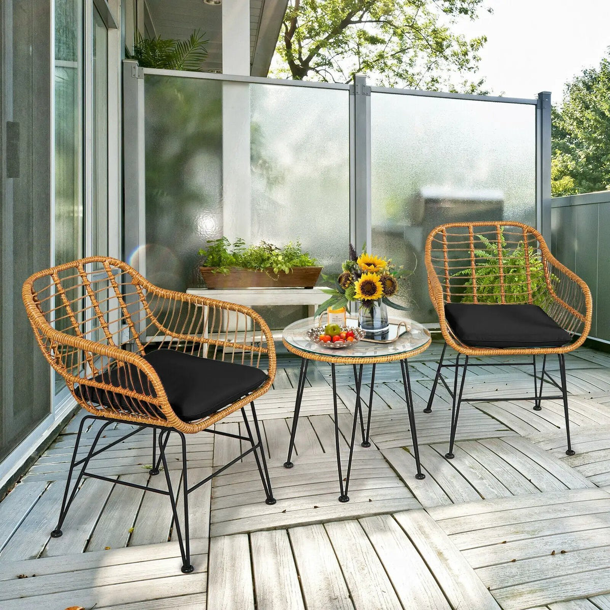 3 Pieces Rattan Furniture Set with Cushioned Chair Table, photo 3 of 13