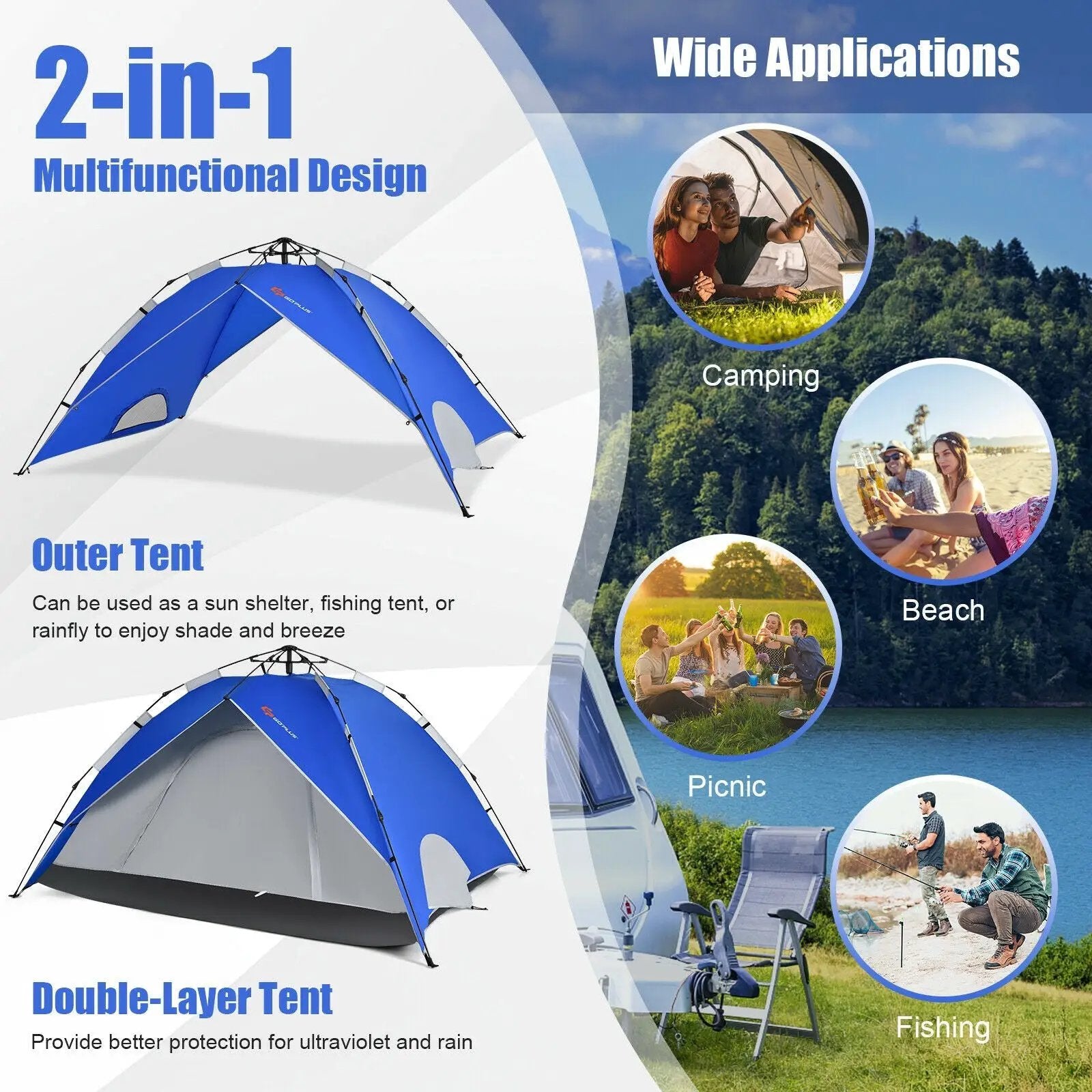 2-in-1 4 Person Instant Pop-up Waterproof Camping Tent-Blue by DirectDeals