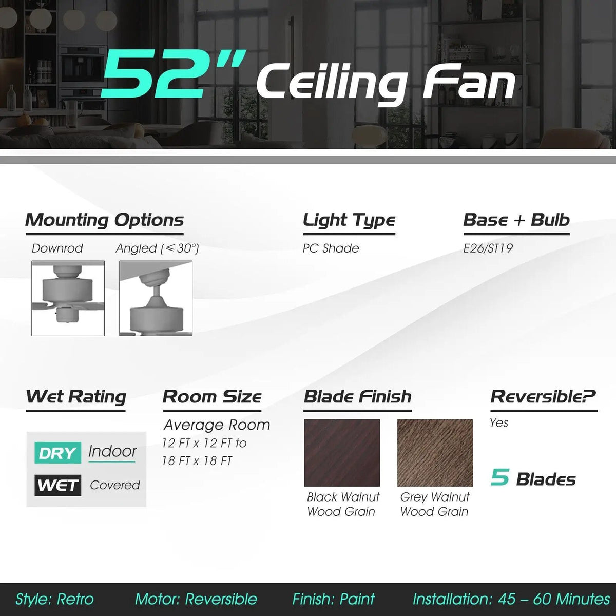 52 Inch Ceiling Fan with 3 Wind Speeds and 5 Reversible Blades, photo 8 of 9