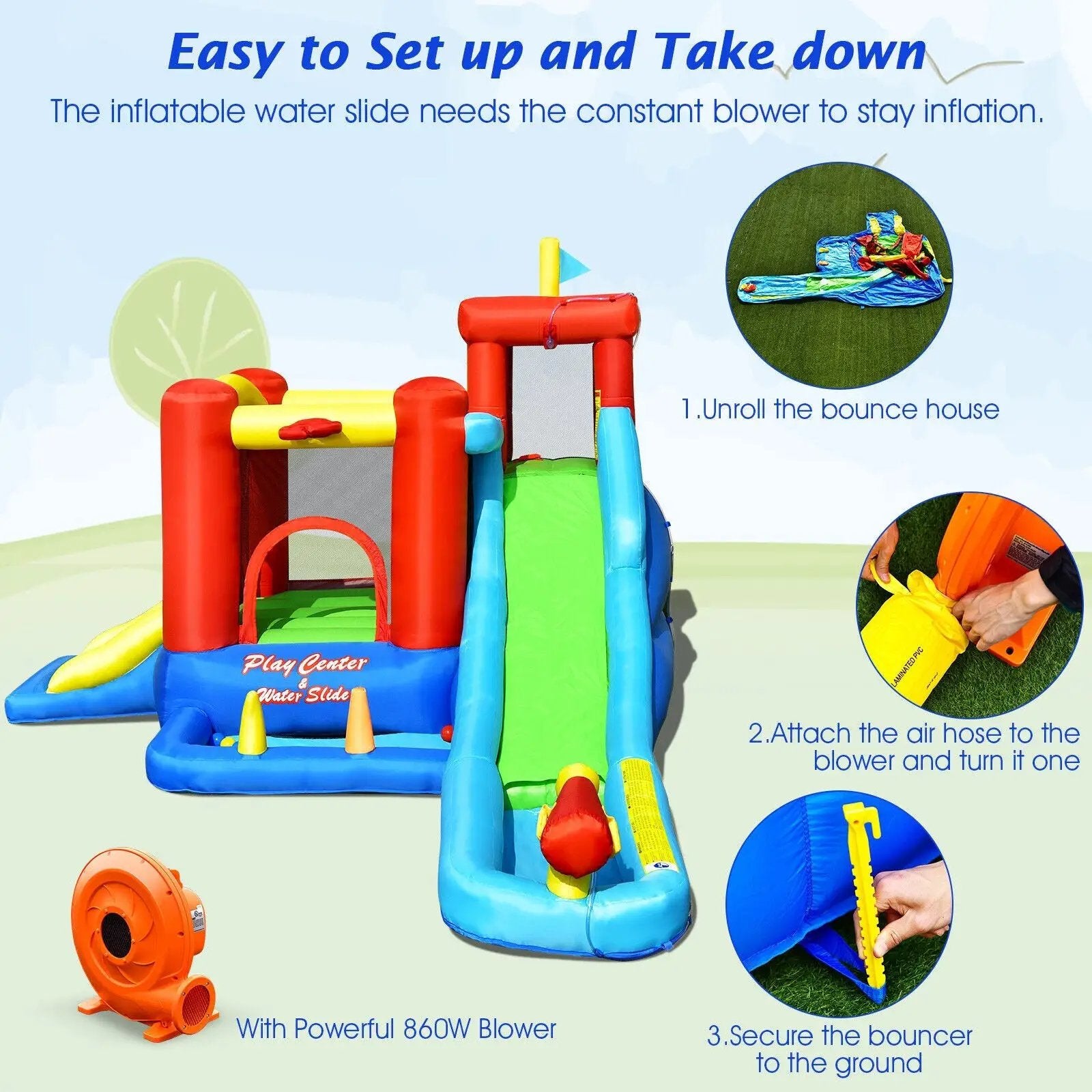 9-in-1 Inflatable Kids Water Slide Bounce House with 860W Blower by DirectDeals