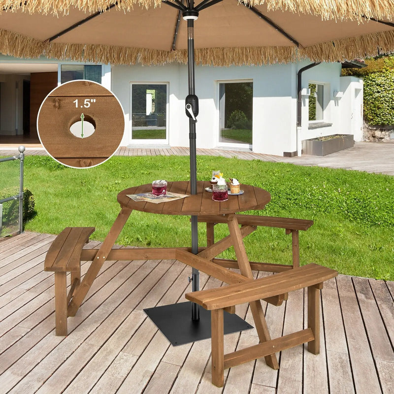 6-person Round Wooden Picnic Table with Umbrella Hole and 3 Built-in Benches-Dark Brown by DirectDeals