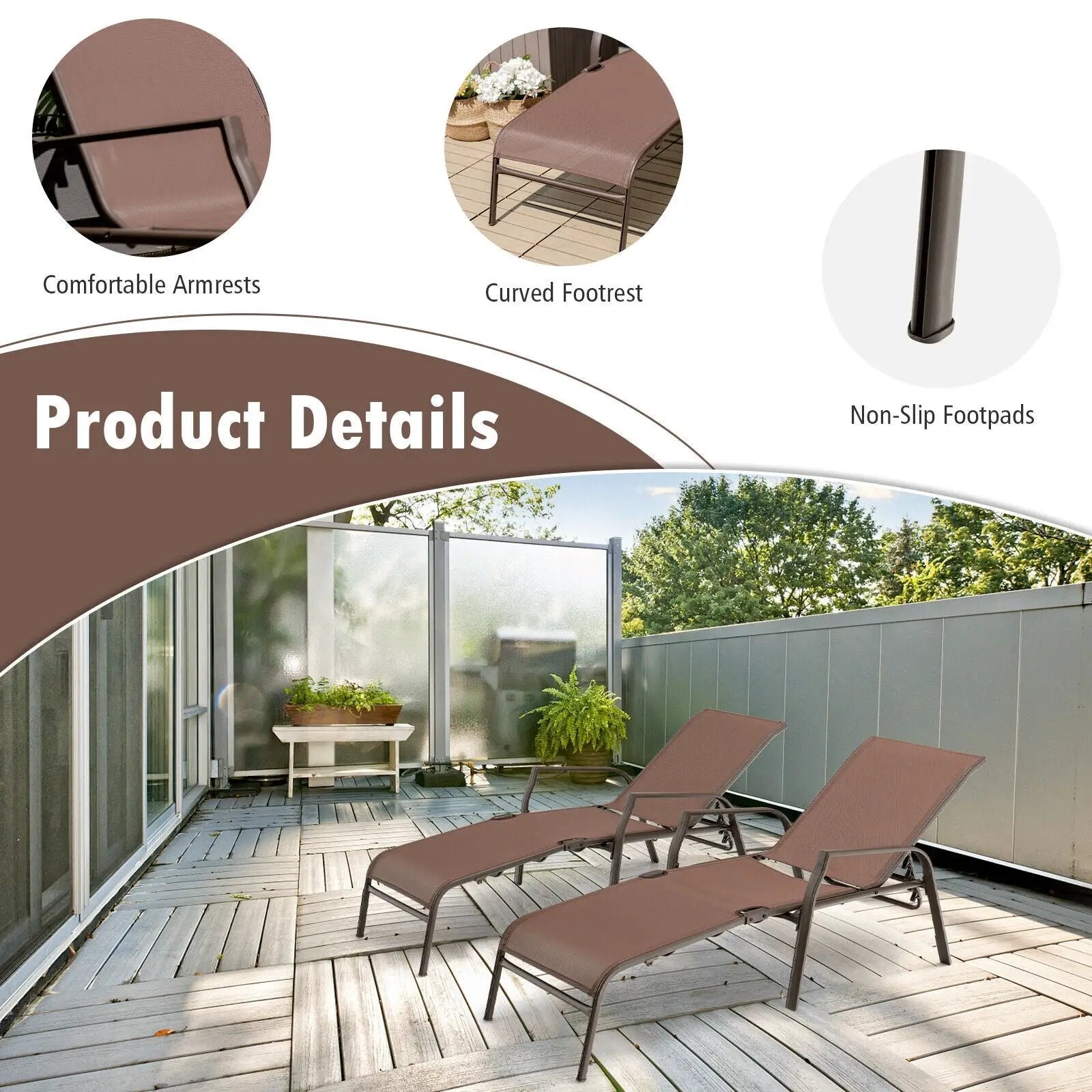 2 Pieces Patio Folding Chaise Lounge Chair Set with Adjustable Back-Brown by DirectDeals