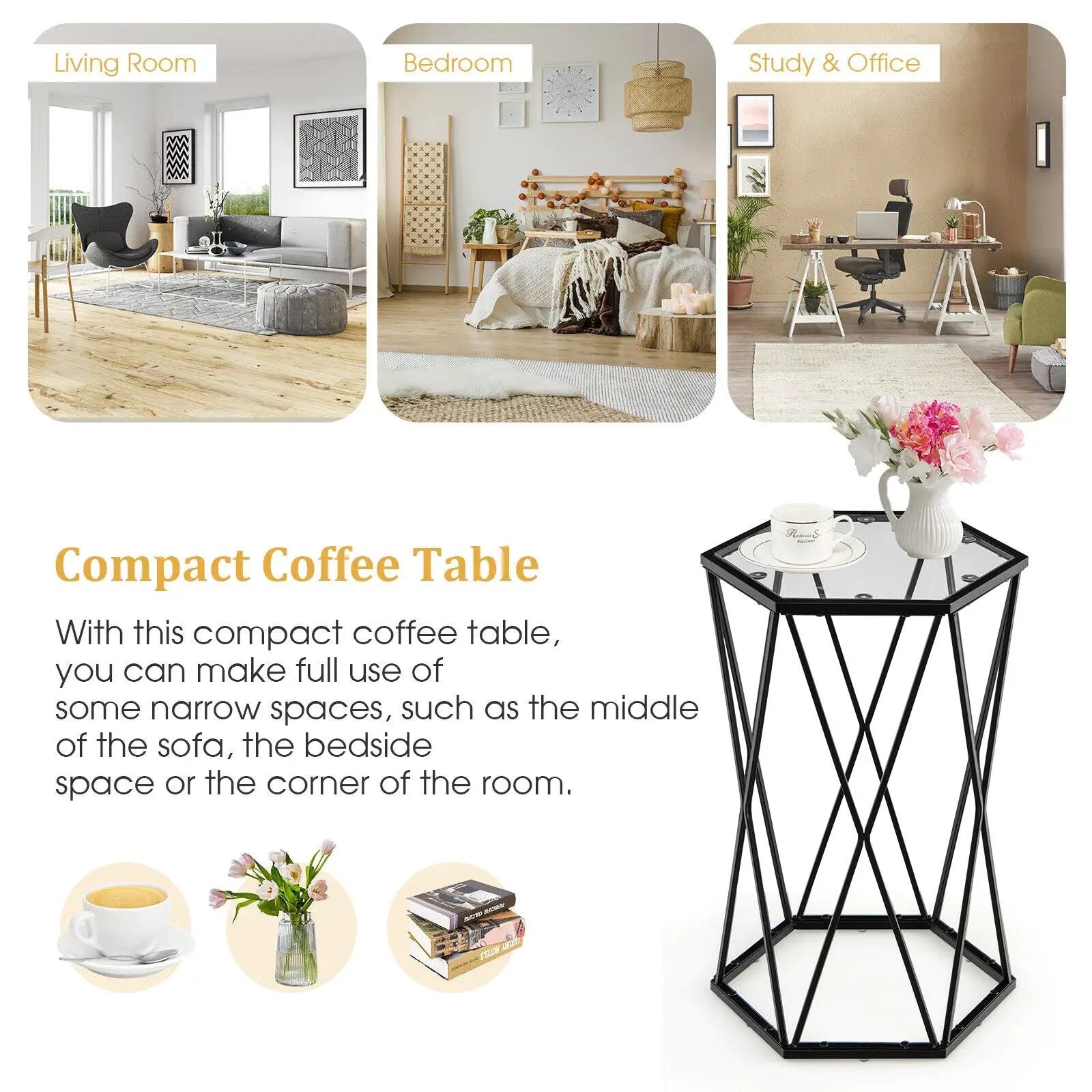 Hexagonal Accent End Table with Tempered Glass Top and Metal Frame by DirectDeals