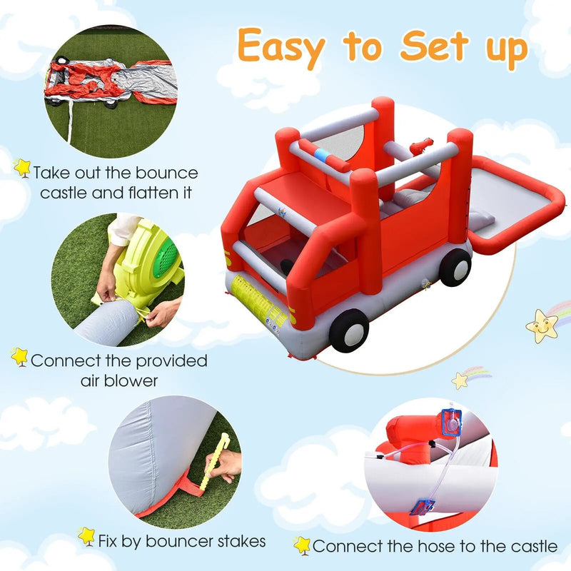 Fire Truck Themed Inflatable Castle Water Park Kids Bounce House with 480W Blower by DirectDeals