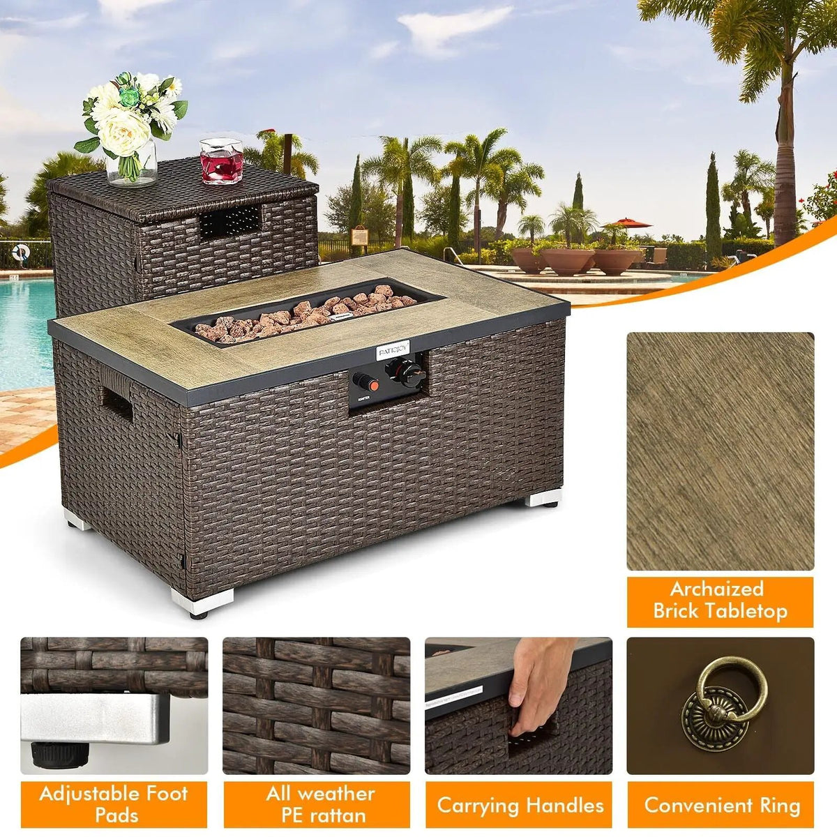 32 x 20 Inch Propane Rattan Fire Pit Table Set with Side Table Tank and Cover, photo 24 of 24