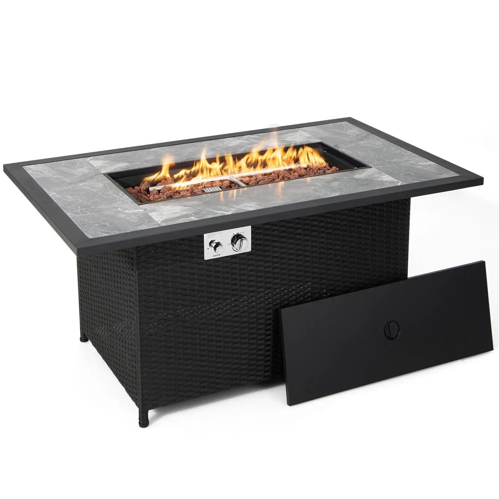 52 Inch Rattan Wicker Propane Fire Pit Table with Rain Cover and Lava Rock-Black by DirectDeals