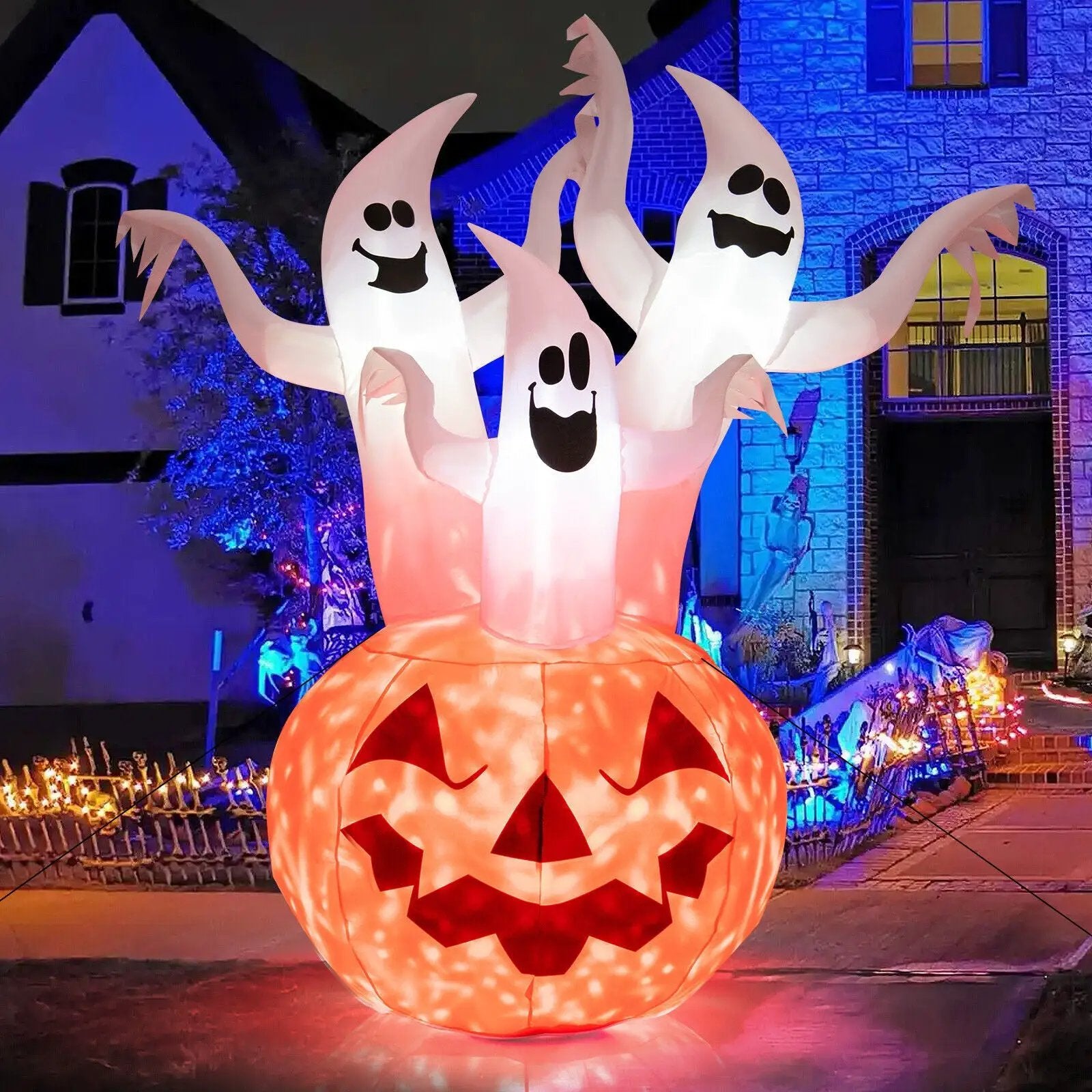 6 Feet Inflatable Halloween Ghosts with Pumpkin Decor and Rotating Lamp by DirectDeals