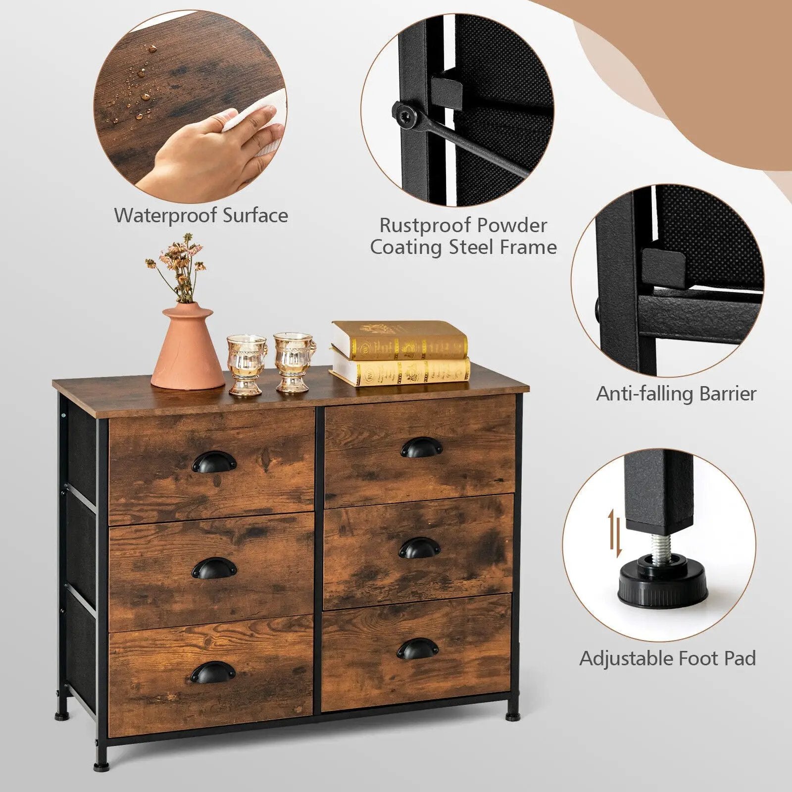 6 Fabric Drawers Storage Chest with Wooden Top by DirectDeals