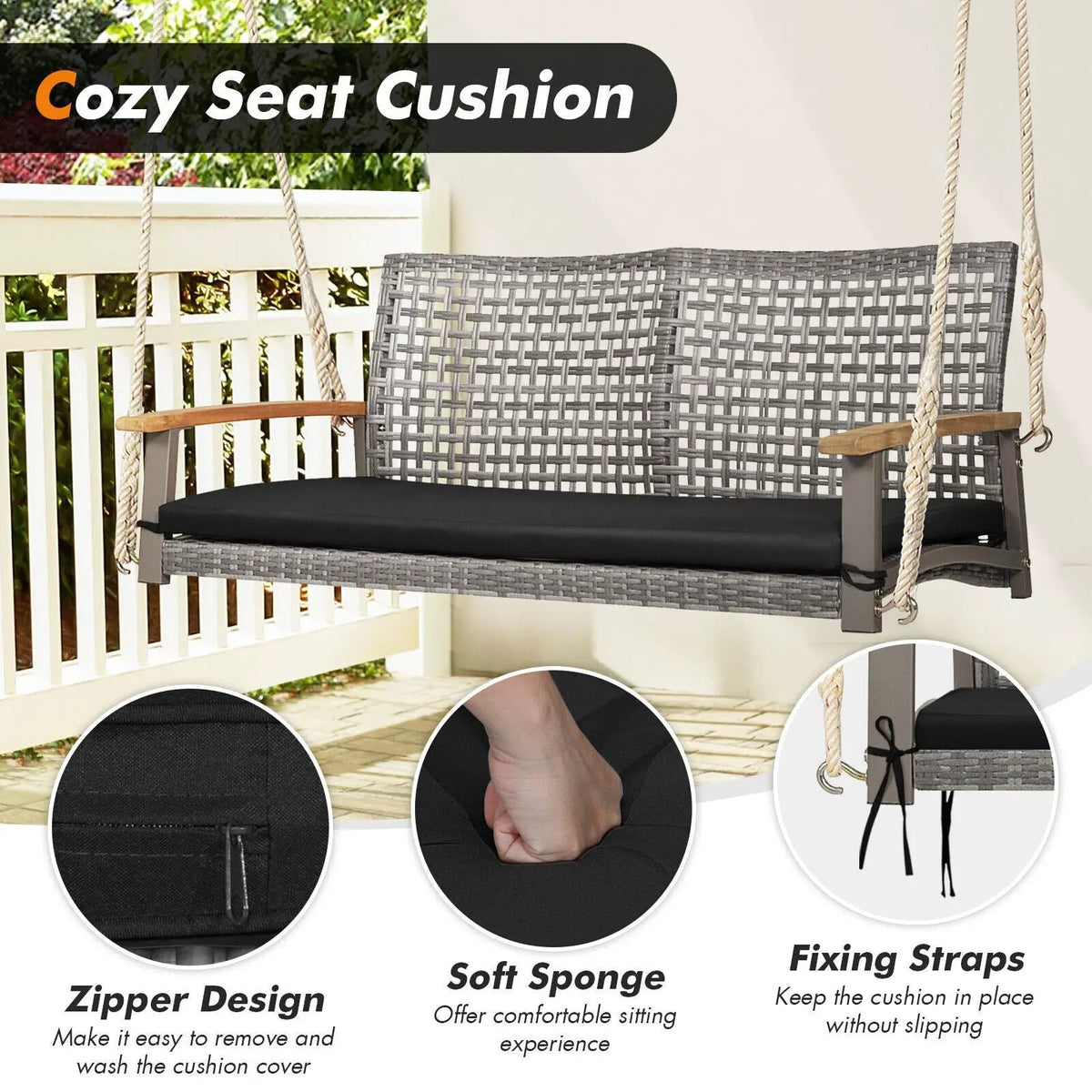 2-Person Patio Wicker Hanging Swing Chair, photo 6 of 10