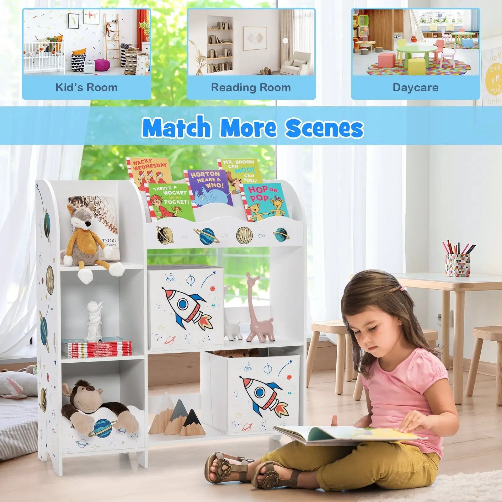 Wooden Children Storage Cabinet with Storage Bins-Rocket Pattern by DirectDeals