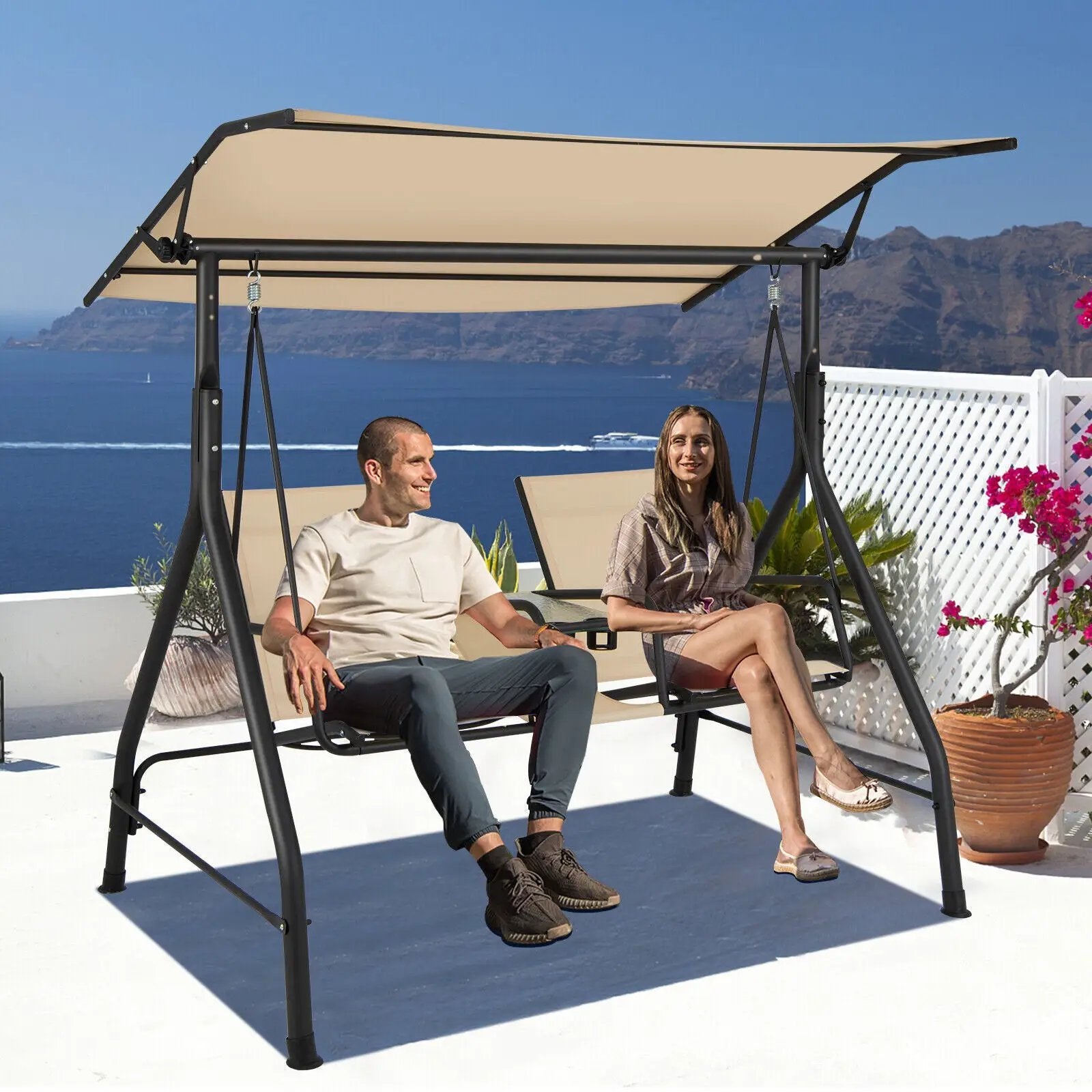 2-Seat Outdoor Cushioned Porch Swing with Adjustable Canopy and Tempered Glass Table-Beige by DirectDeals