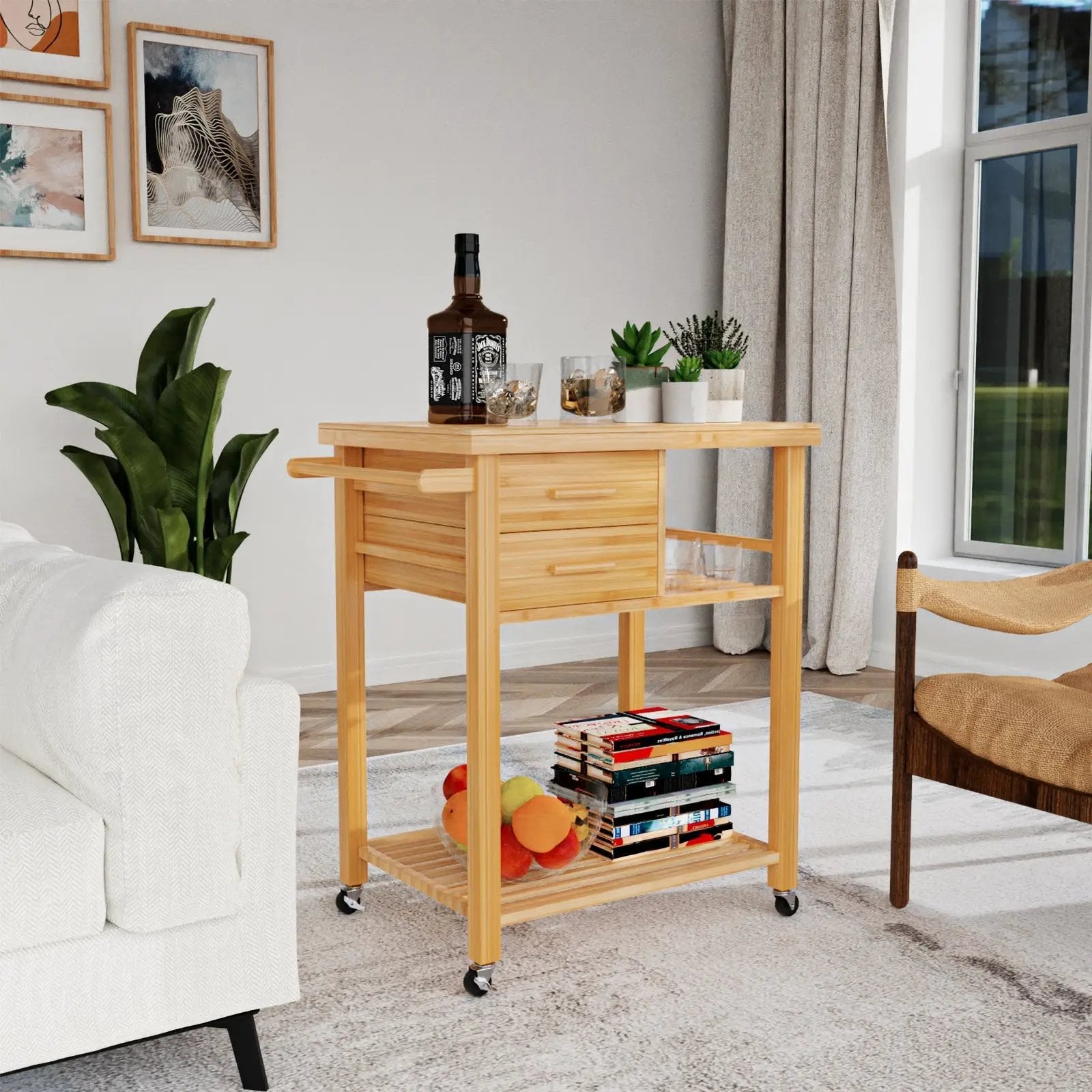 Bamboo Kitchen Trolley Cart with Tower Rack and Drawers by DirectDeals