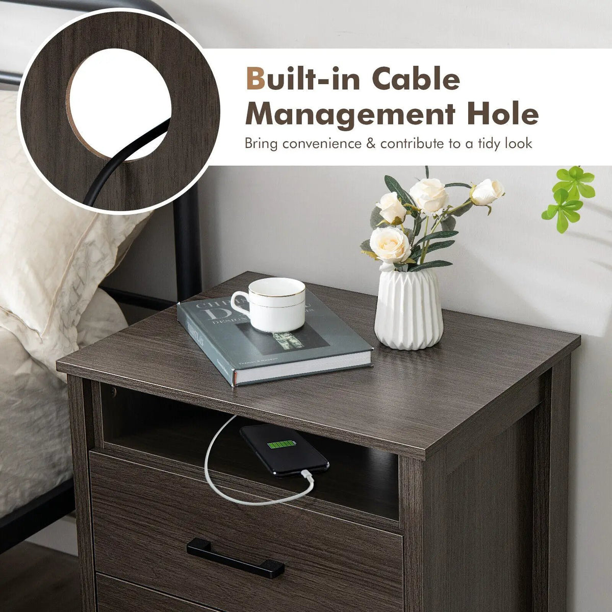 Modern Wood Grain Nightstand with Cable Hole and Open Compartment, photo 15 of 16