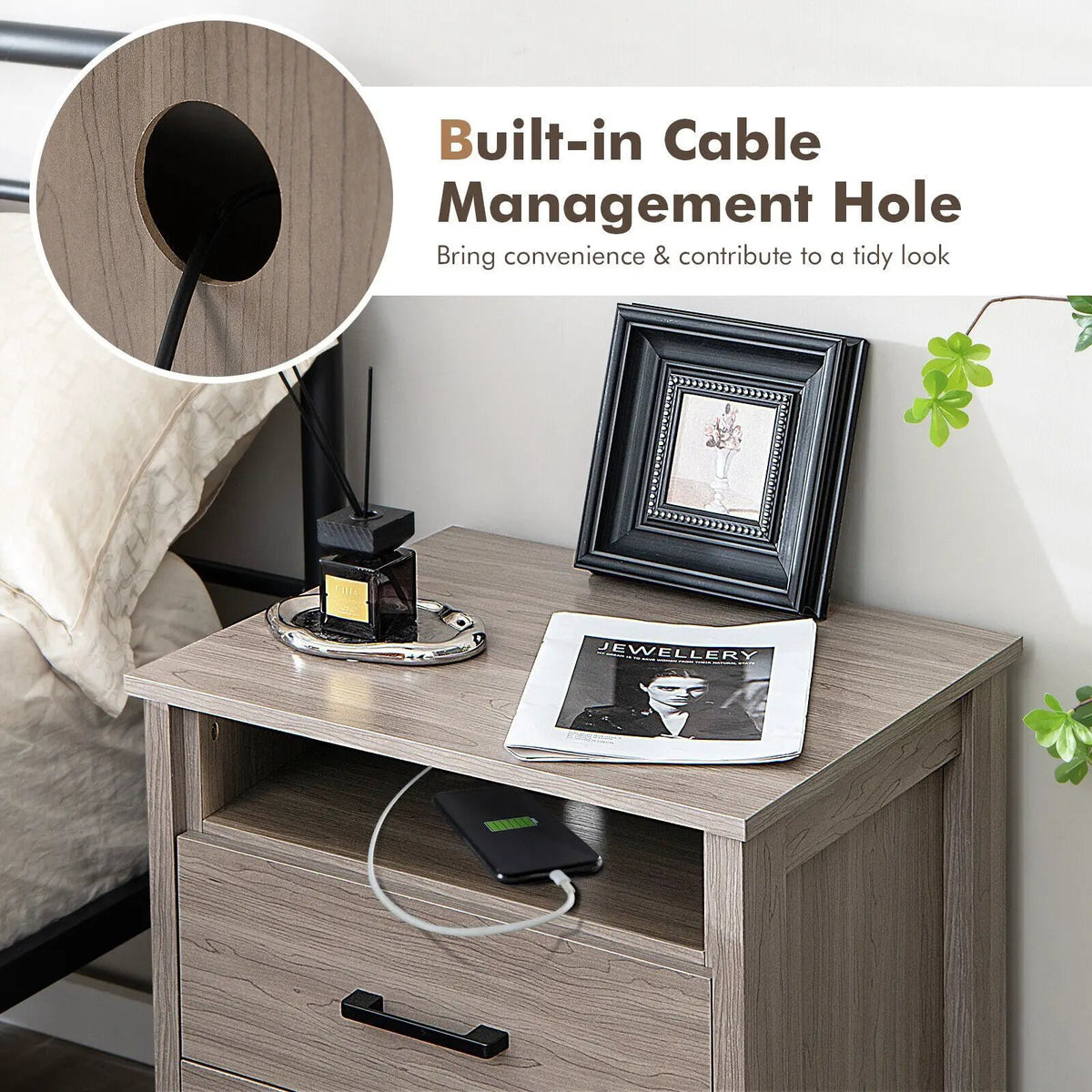 Modern Wood Grain Nightstand with Cable Hole and Open Compartment, photo 16 of 16