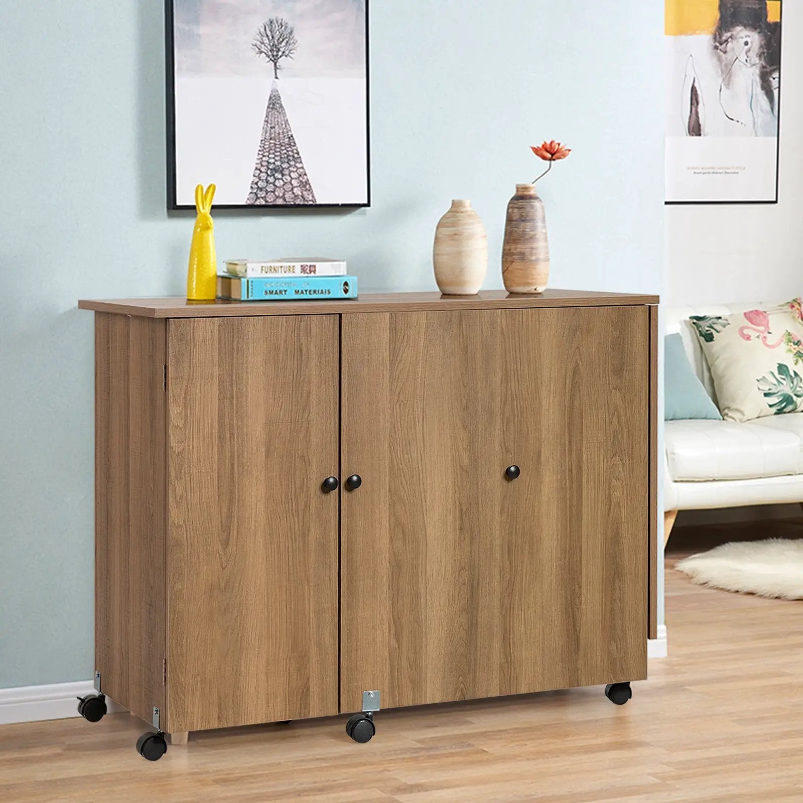 Folding Sewing Table Shelves Storage Cabinet Craft Cart with Wheels by DirectDeals