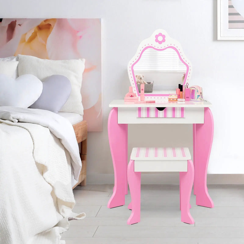2-in-1 Toddler Vanity Set with Detachable Top & Cute Flower Patterns-White by DirectDeals