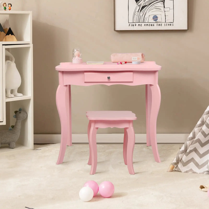Kids Makeup Dressing Mirror Vanity Table Stool Set by DirectDeals