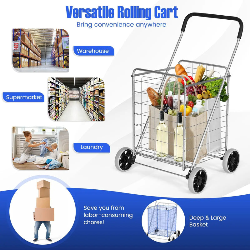 Portable Folding Shopping Cart Utility for Grocery Laundry-Silver by DirectDeals