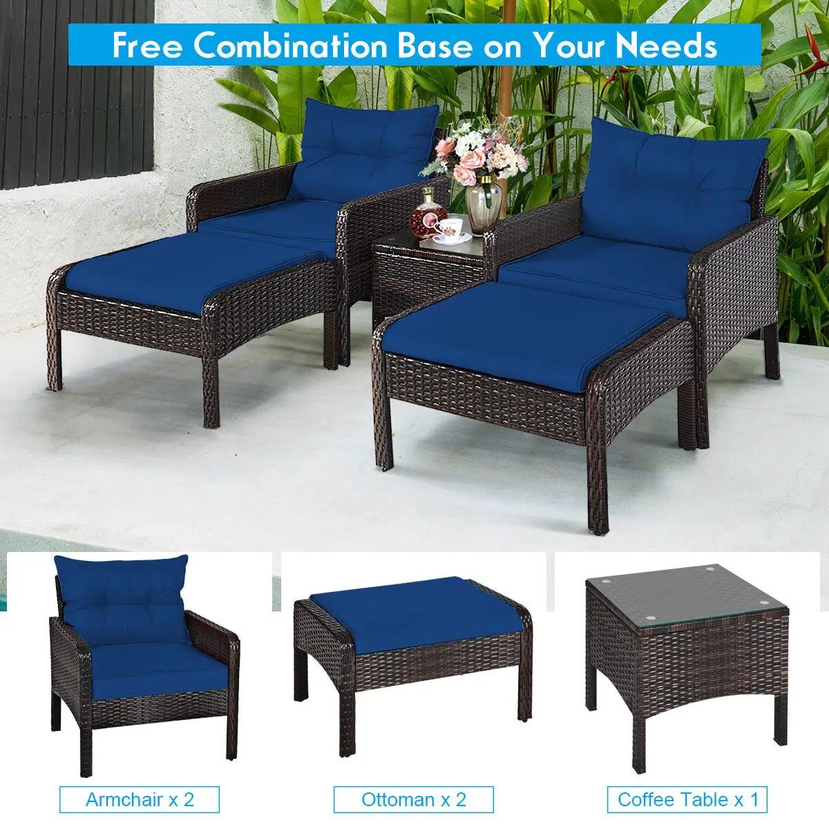 5 Pieces Patio Rattan Sofa Ottoman Furniture Set with Cushions-Black by DirectDeals