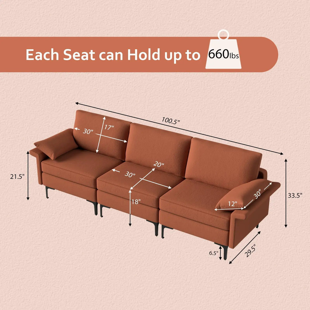 Large 3-Seat Sofa Sectional with Metal Legs and 2 USB Ports for 3-4 people, photo 5 of 11