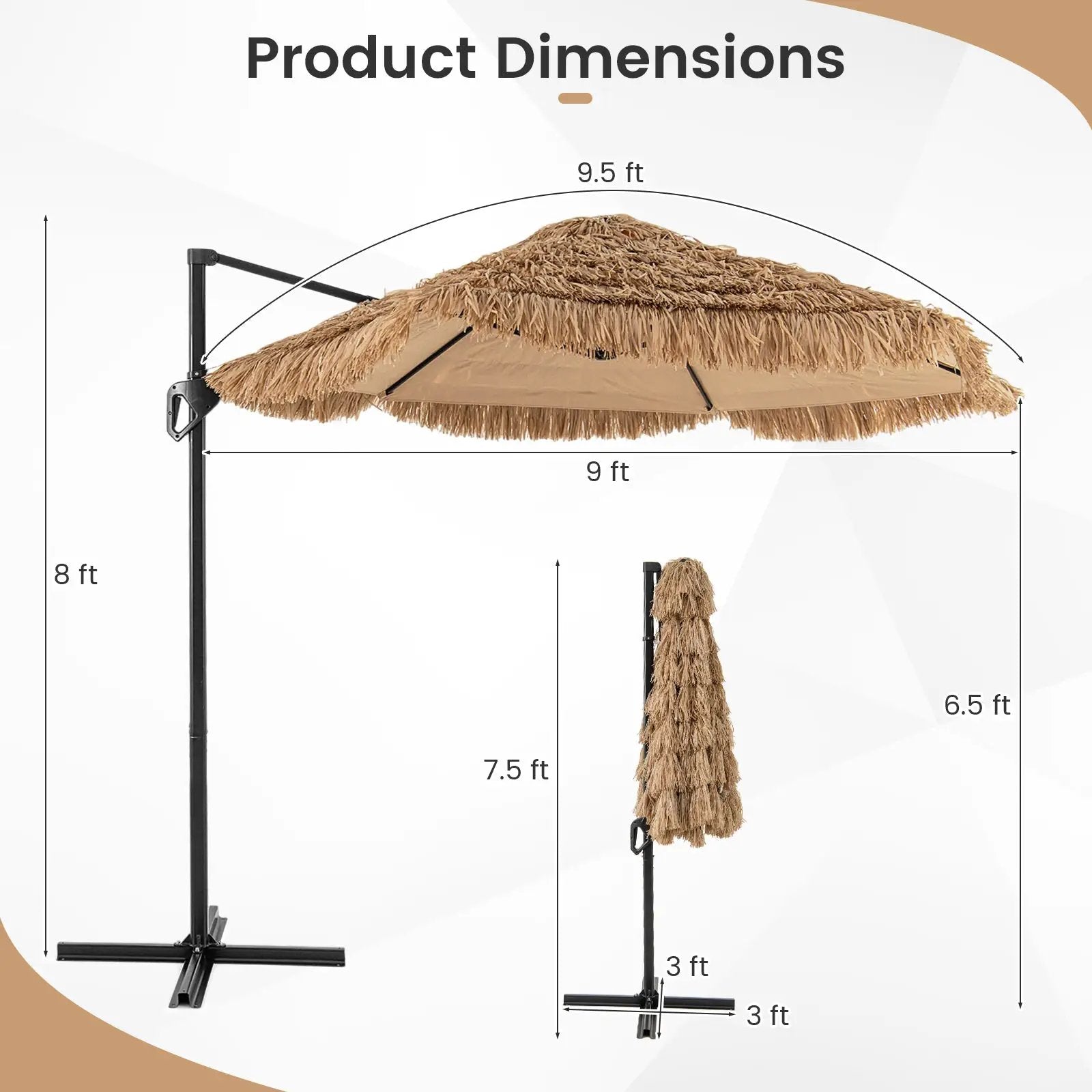 9.5 FT Cantilever Tiki Patio Umbrella Hawaiian Style Offset Hanging Umbrella-Natural by DirectDeals