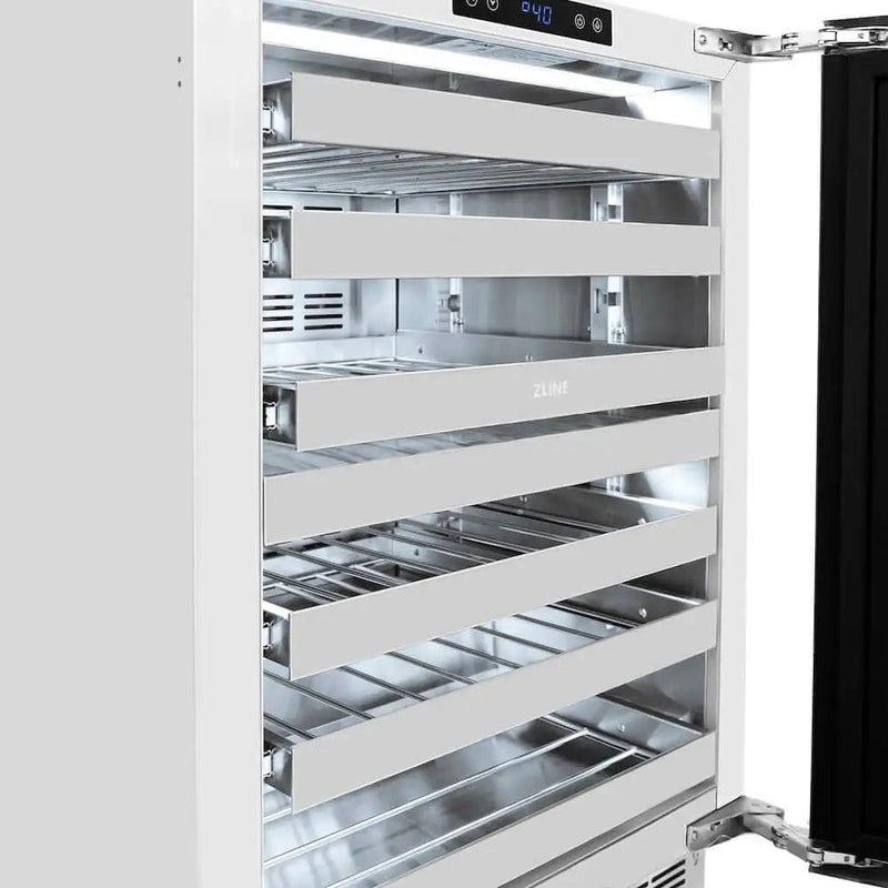ZLINE 24" Touchstone Dual Zone 44 Bottle Wine Cooler White Matte Glass Door Champagne Bronze Handle RWDOZ-WM-24-CB by Farmhouse Kitchen and Bath