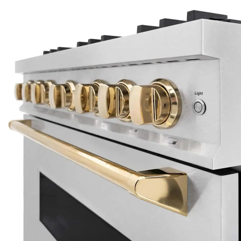 ZLINE 36" Dual Fuel Range, Gas Cooktop, Electric Convection Oven DuraSnow® Stainless Steel, Gold CDRSZ-36-G by Farmhouse Kitchen and Bath