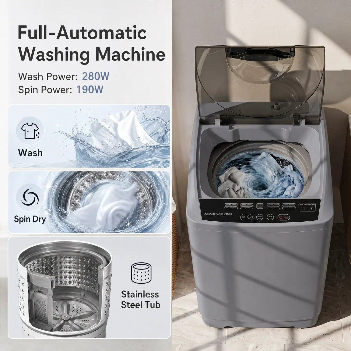 9.93 lbs Full Automatic Washing Machine with 8 Programs by DirectDeals