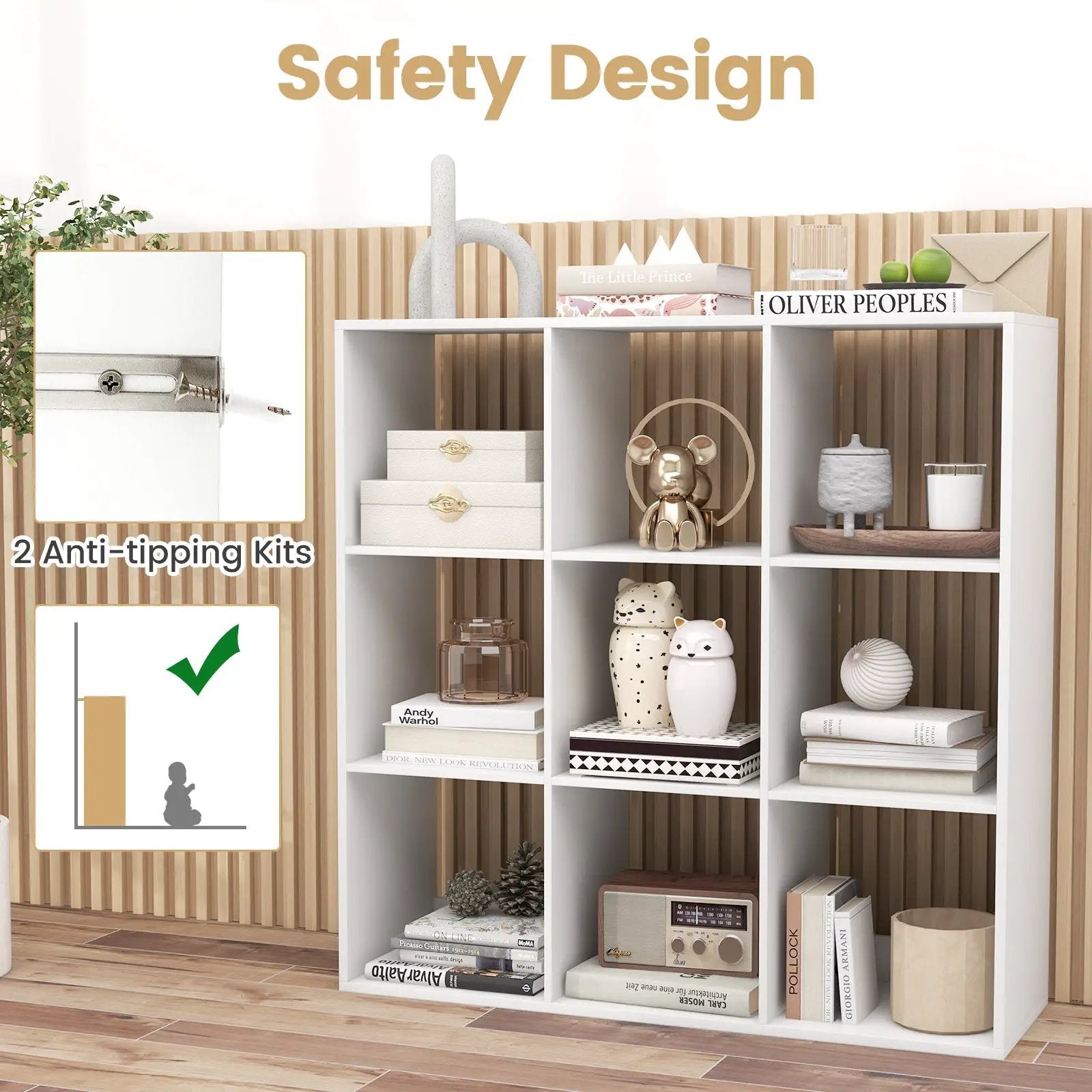 9 Cube Bookshelf with Back Guardrail for Living Room Bedroom-White by DirectDeals