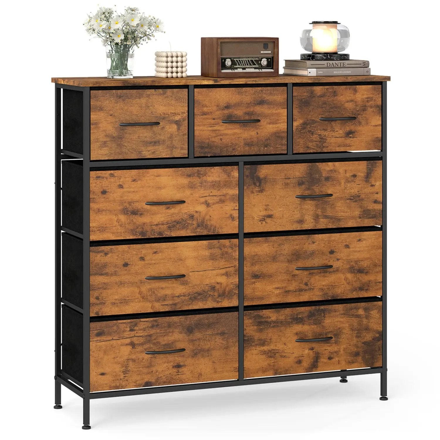 9-Drawer Fabric Dresser with Wooden Top for Bedroom by DirectDeals