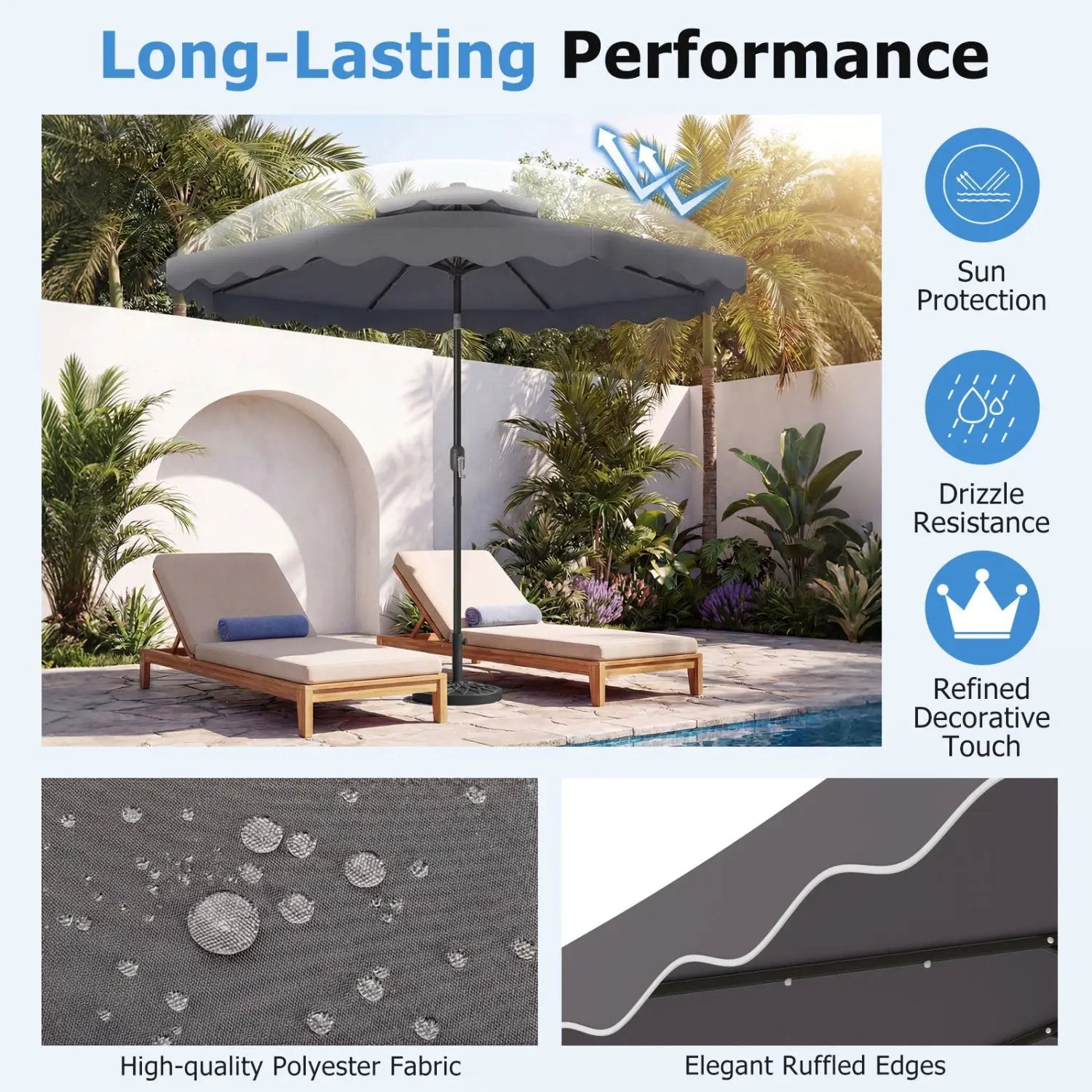 9 FT Solar LED Patio Umbrella Push-Button Tilt and Crank 24 LED Lights and 8 Ribs by DirectDeals