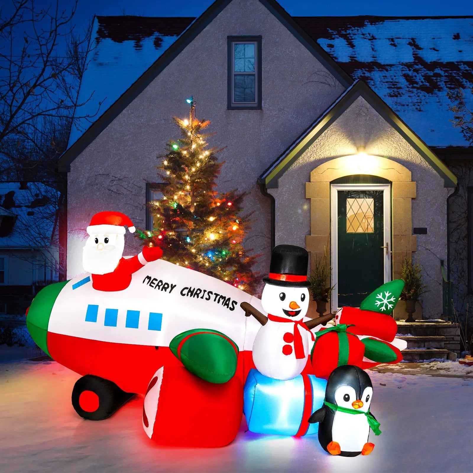 9 Feet Lighted Christmas Inflatable Santa Claus on Helicopter with Penguin by DirectDeals