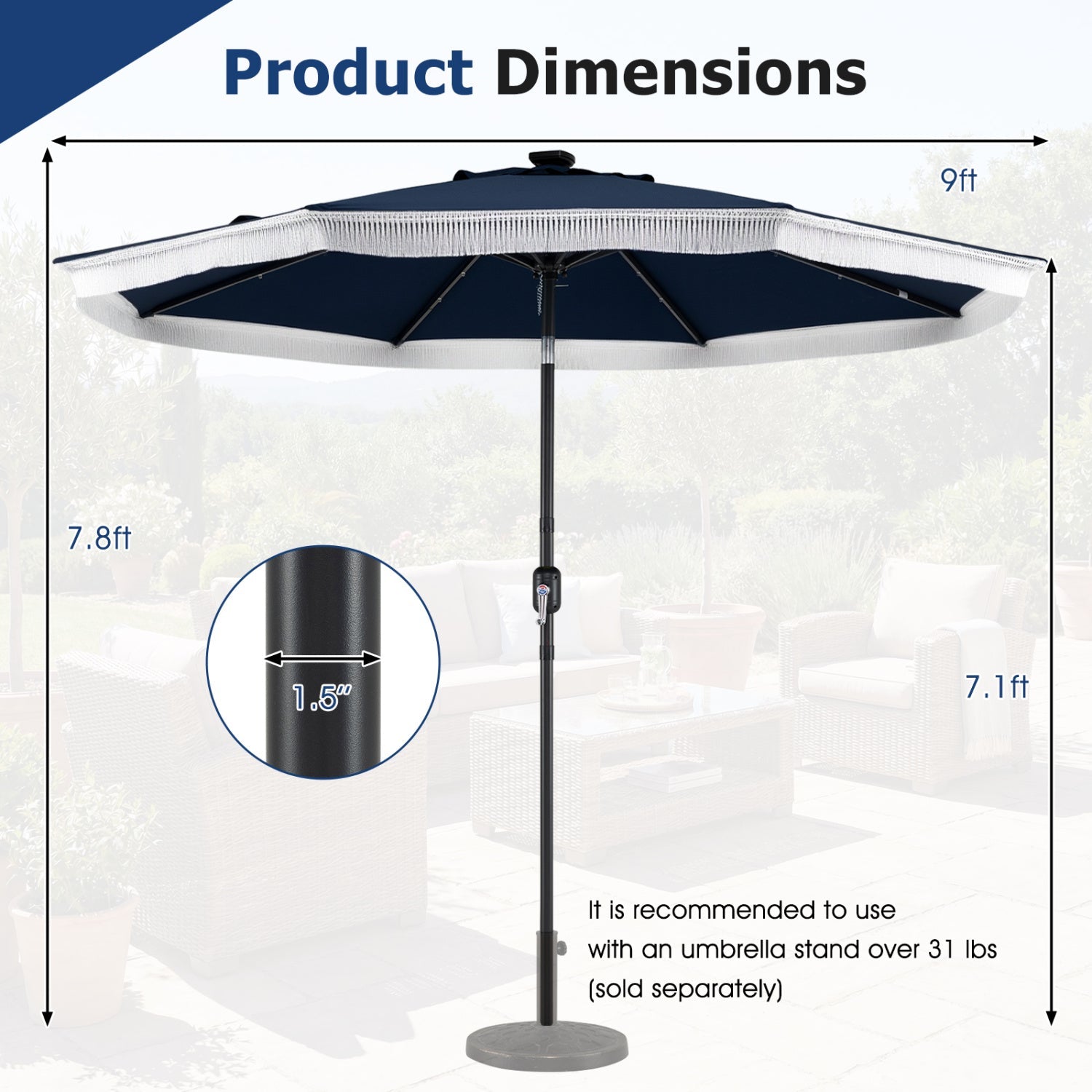 9 Feet Solar Patio Umbrella with 24 LED Lights for Yard by DirectDeals