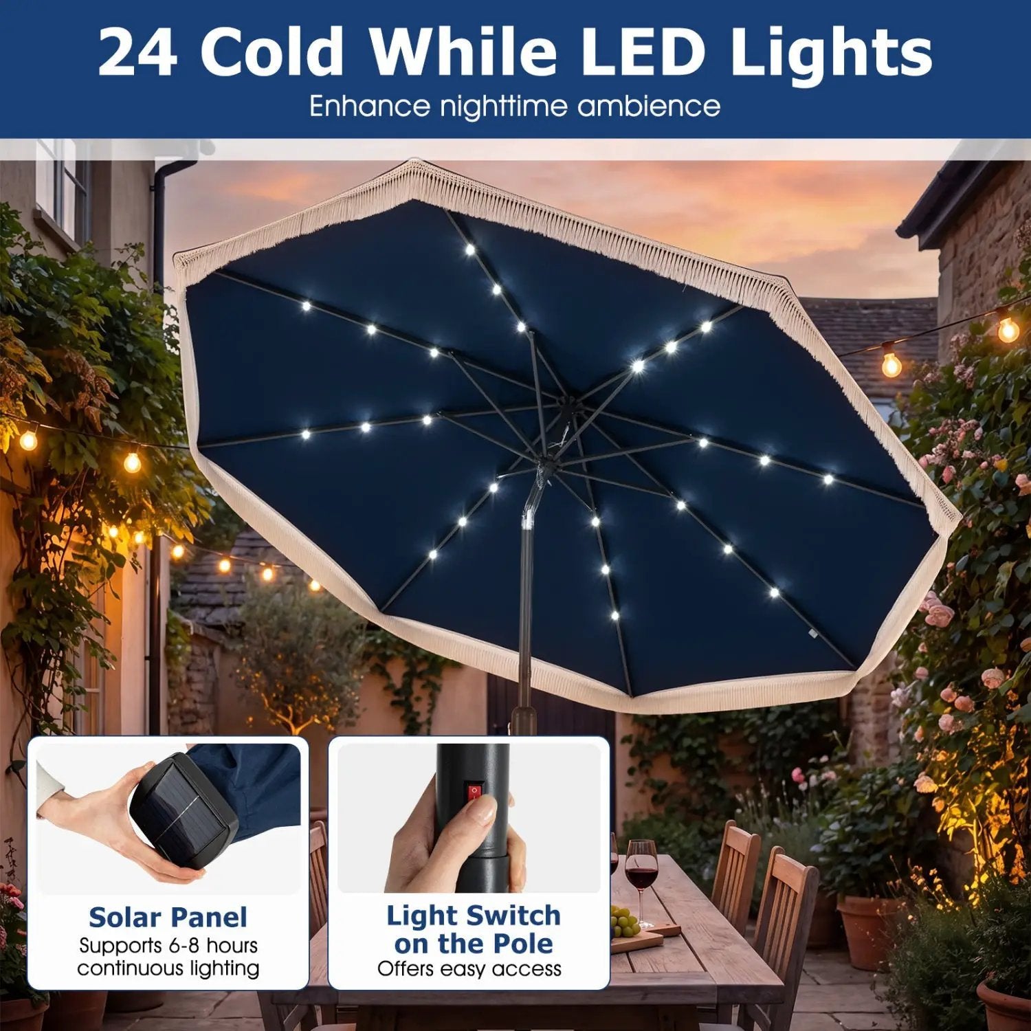 9 Feet Solar Patio Umbrella with 24 LED Lights for Yard by DirectDeals