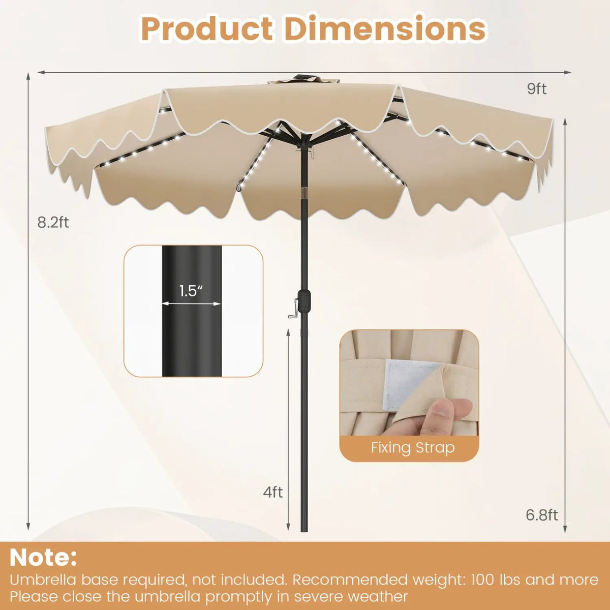 9 Ft Solar Patio Umbrella with LED Lights, photo 5 of 12