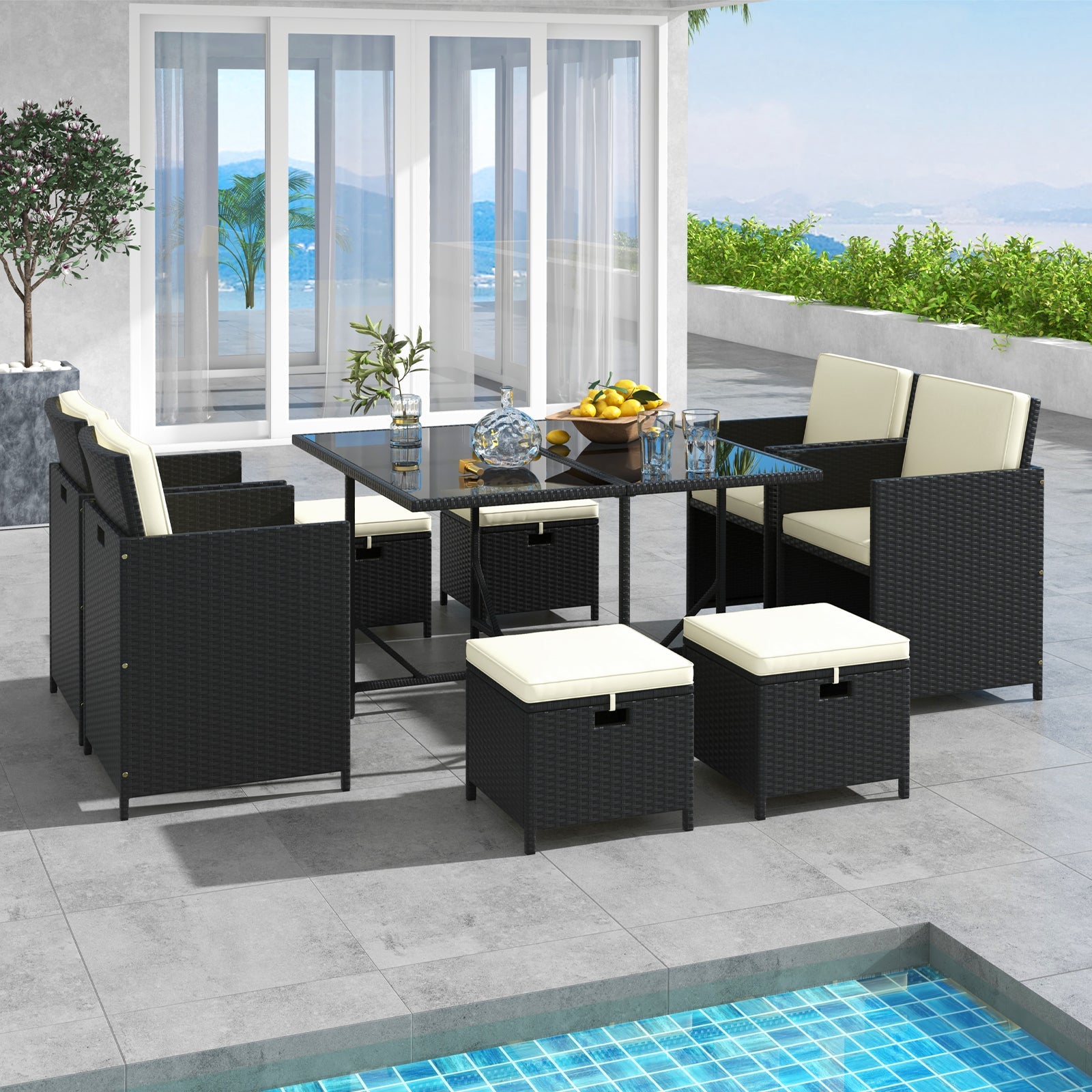 9 PCS Outdoor Dining Furniture Set with Tempered Glass Table and Ottomans-White by DirectDeals