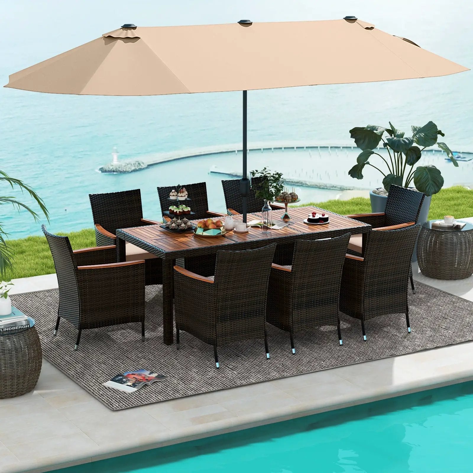 10 Piece Outdoor Dining Set with 15 Feet Double-Sided Twin Patio Umbrella by DirectDeals
