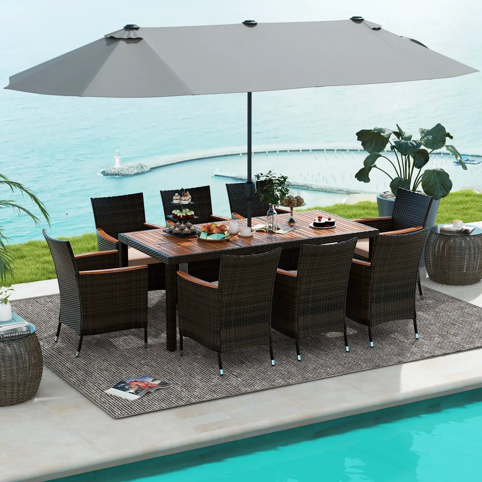 10 Piece Outdoor Dining Set with 15 Feet Double-Sided Twin Patio Umbrella by DirectDeals